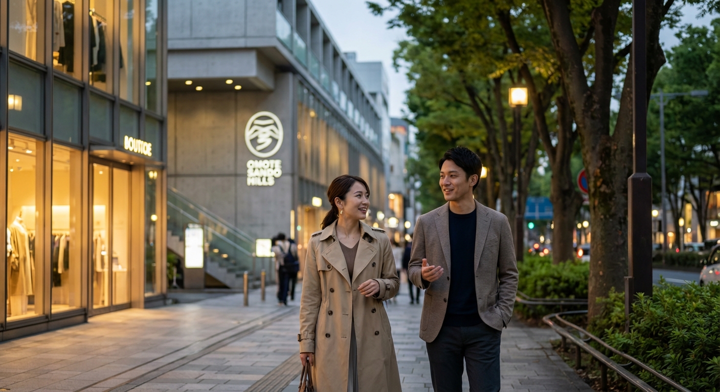 夕暮れに染まる表参道・青山を歩く、会話が弾む大人の開放的な散歩デート