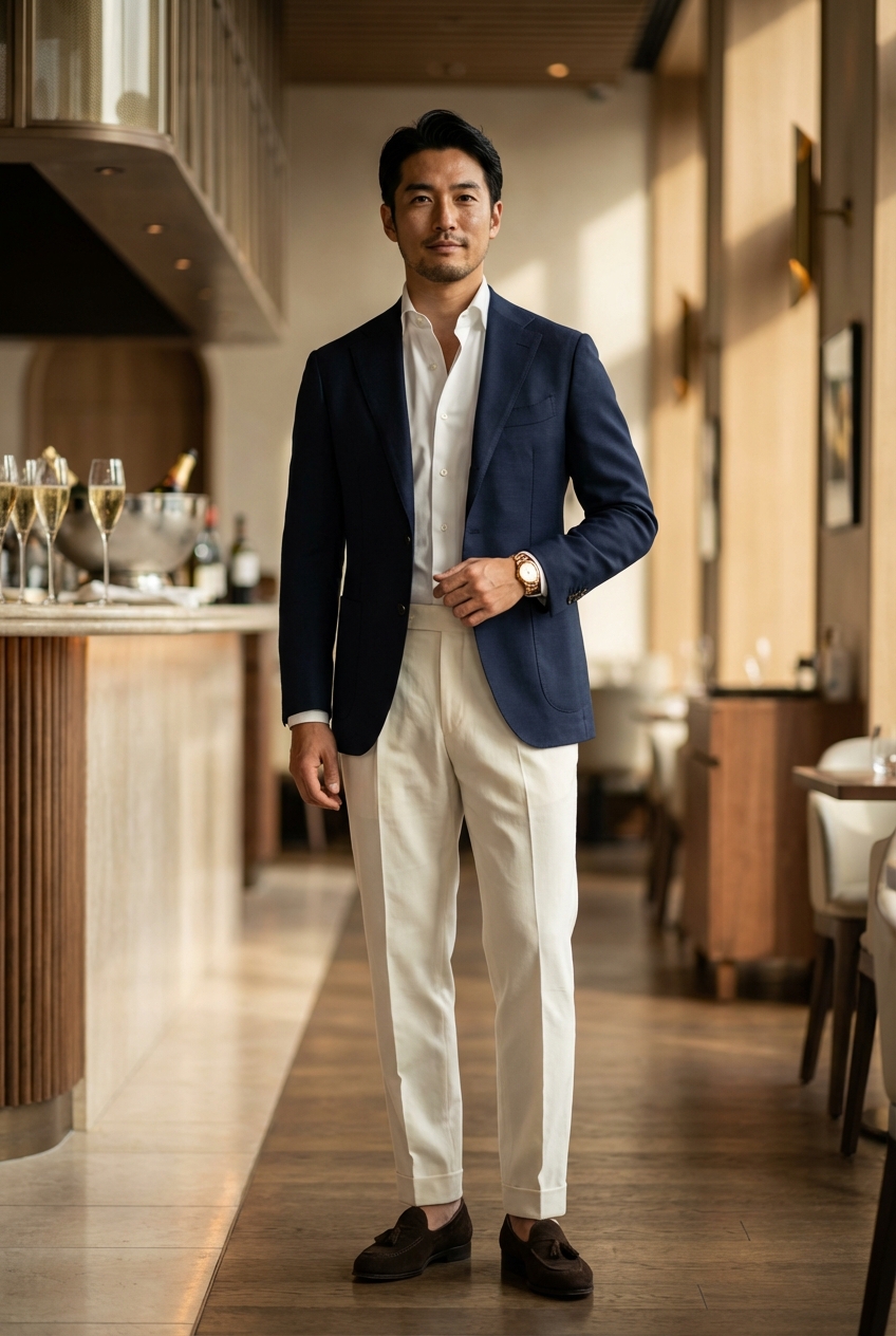 宵の社交場に映える、白と紺のコントラストが生む都会的な色香