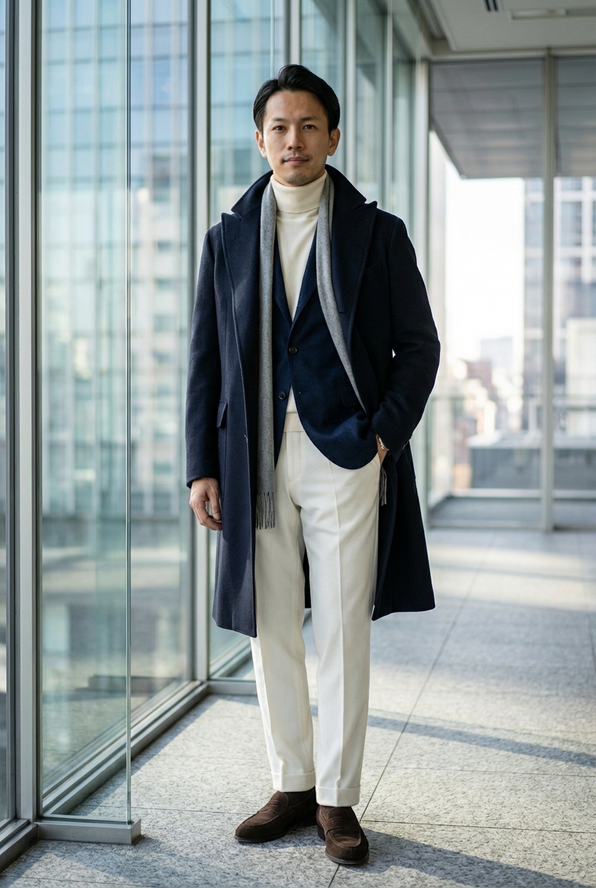 潔い白パンが放つ洗練と知性。最高級ウールを纏い、勝負の舞台で凛とした品格を語る