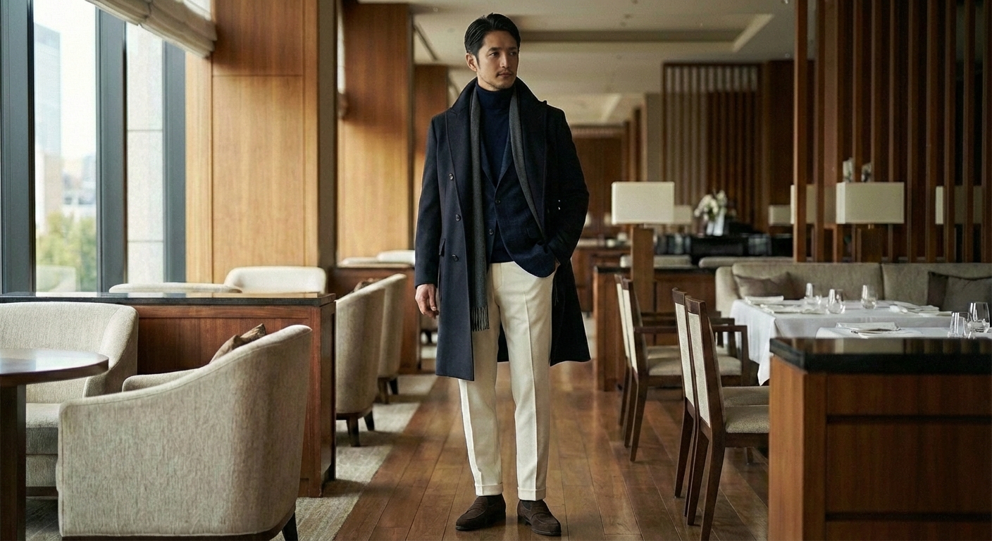 静謐なネイビーと純白のコントラスト。冬のレセプションで放つ圧倒的な気品。