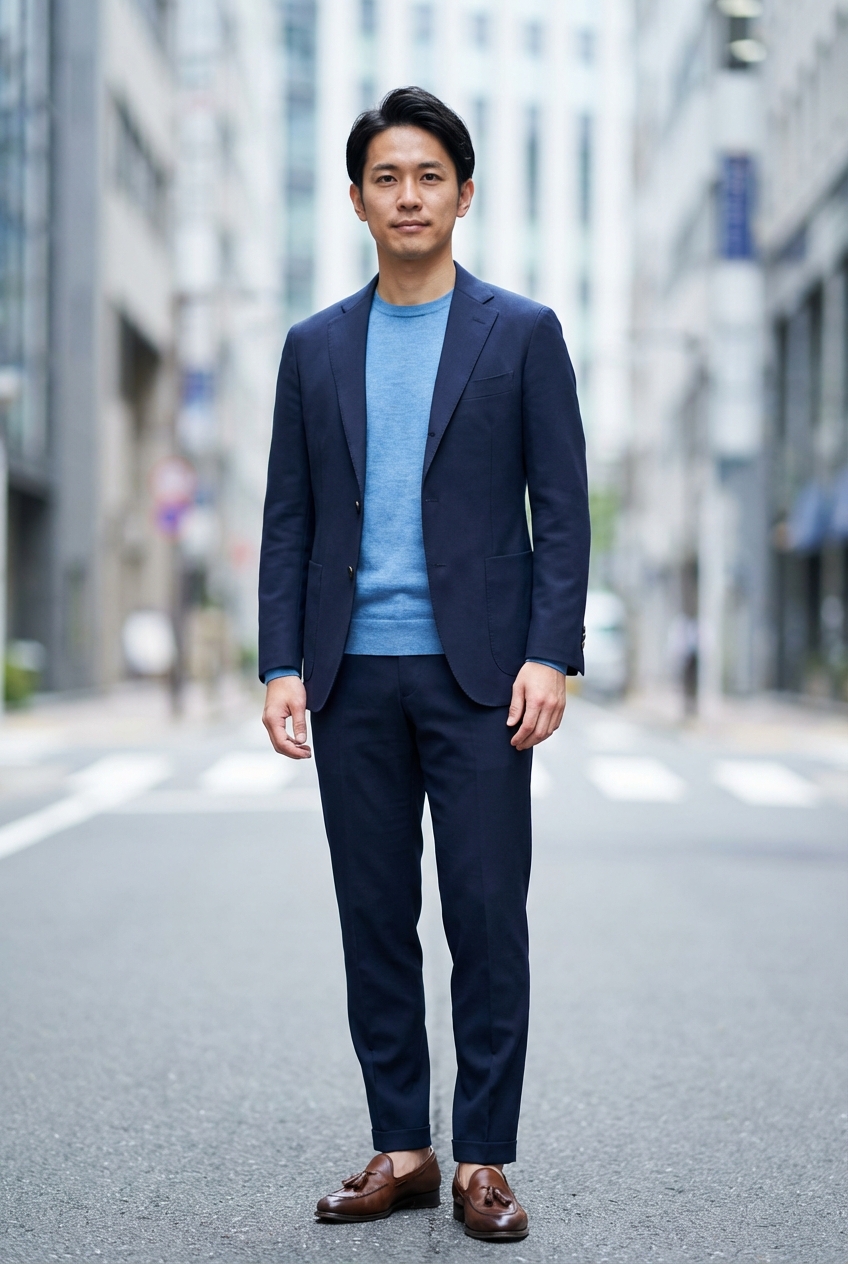 誠実さと知性を醸し出す、上質な素材感のネイビージャケットコーディネート