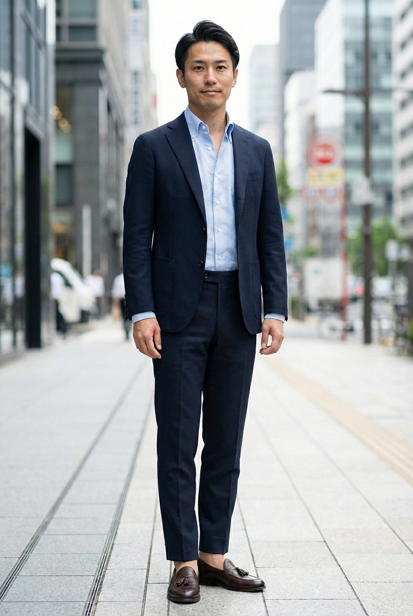 信頼と清潔感を纏う、ネイビーセットアップのモダンなオフィスカジュアル