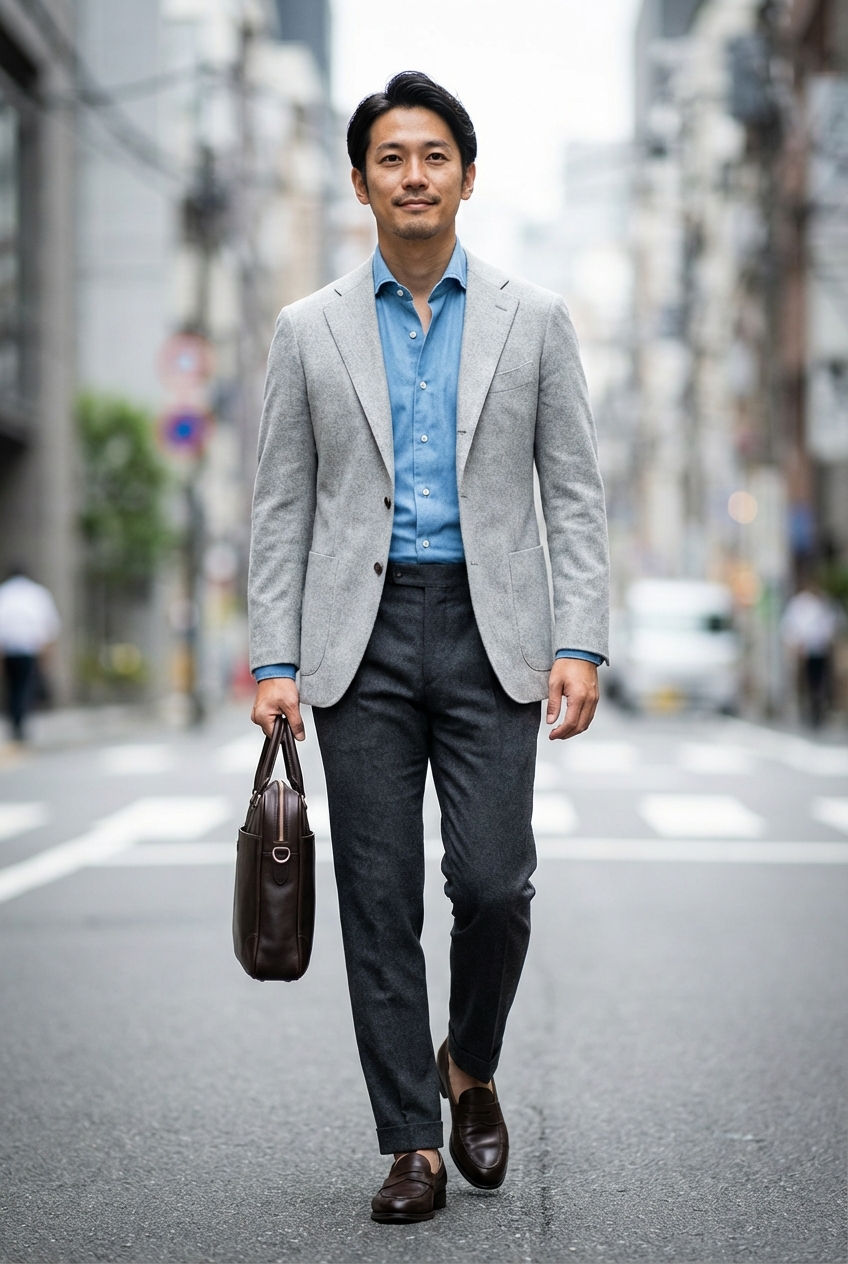 信頼感と旬のムードを両立する、グレージュのジャケパンスタイルで余裕のある働き方を