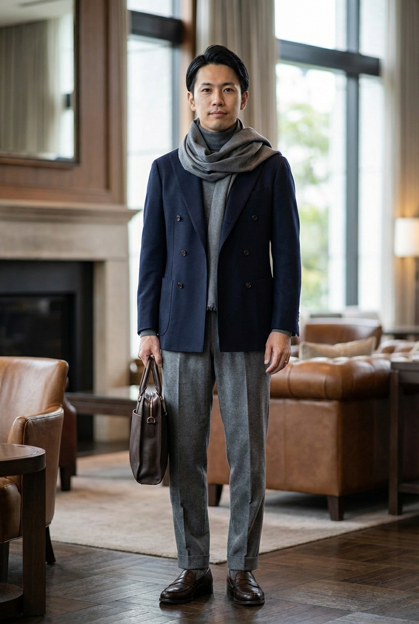 知性を引き立てる艶感。ダブルブレザーで構築する、重厚にして柔和な冬の流儀