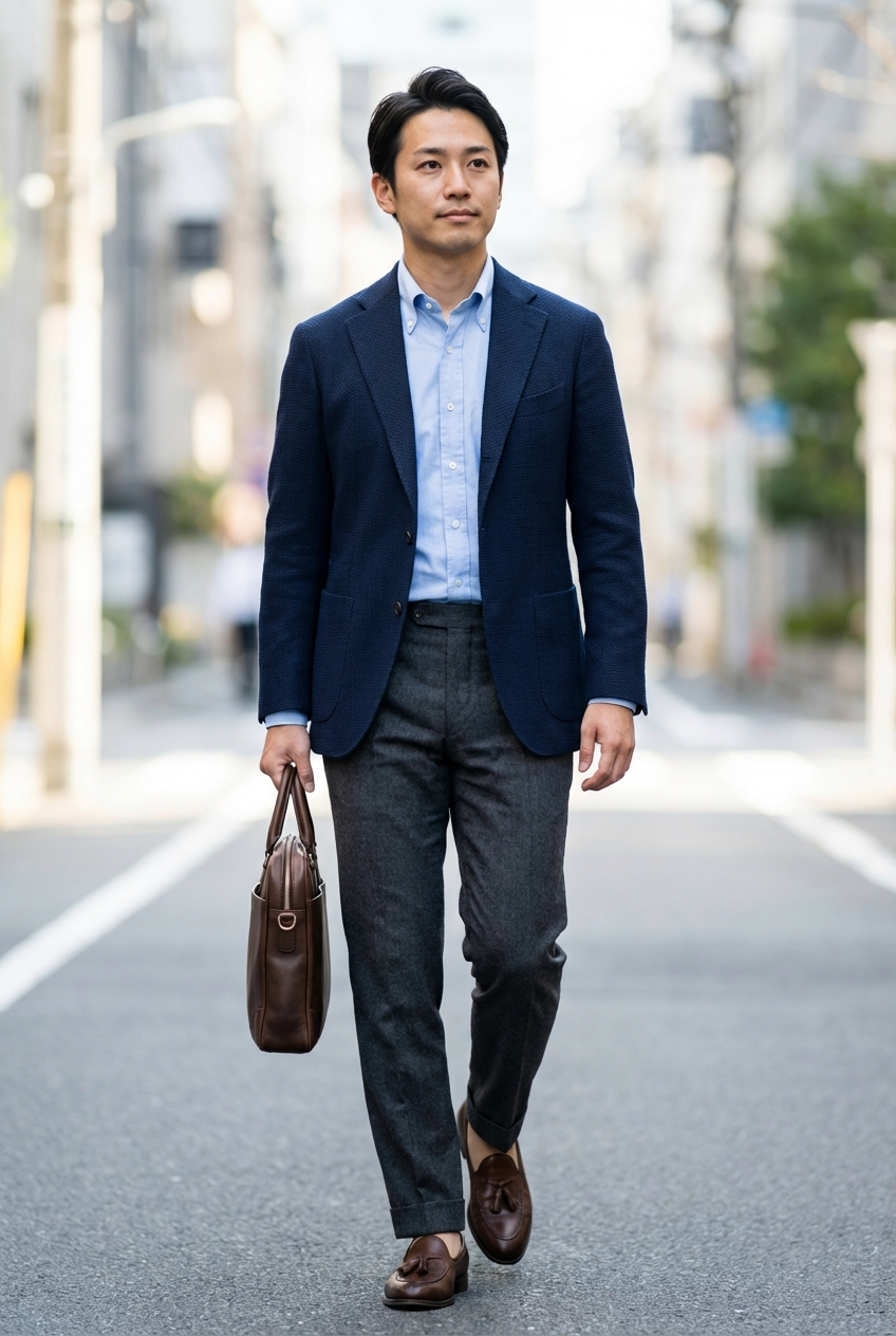 洗練されたネイビージャケットで作る、信頼感あふれるモダン・ビジネススタイル