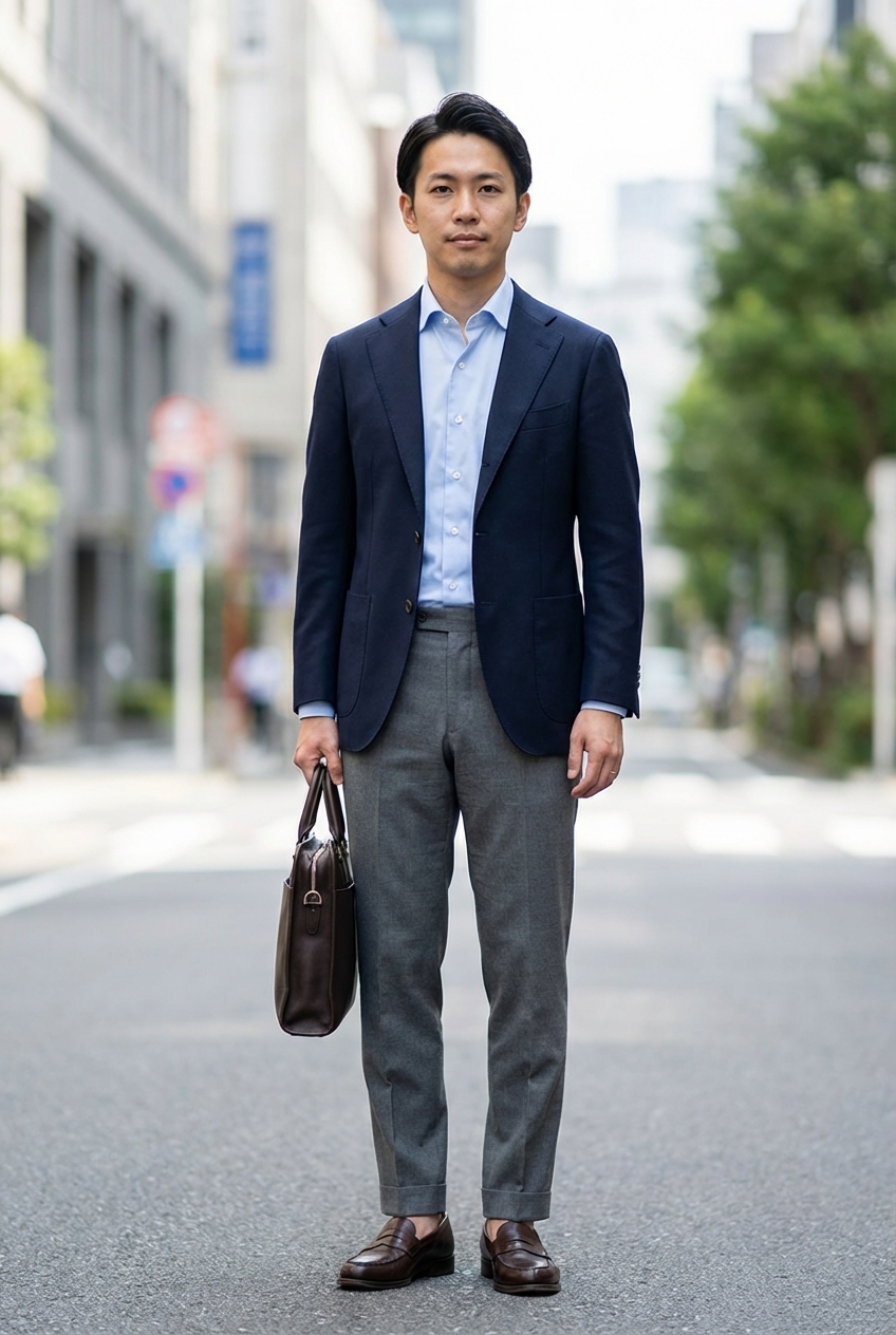 洗練された清潔感を纏う、ネイビージャケットとグレーパンツの王道ビジカジスタイル
