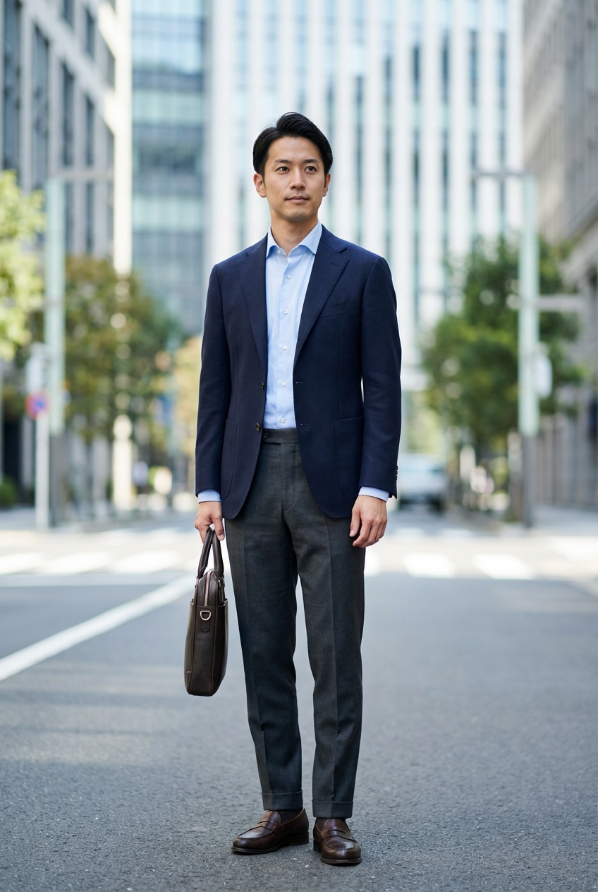 洗練されたネイビー×グレーで叶える、信頼感漂う都会的なオフィススタイル