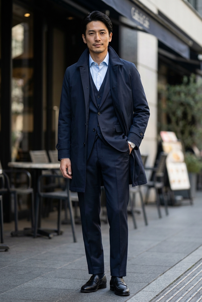 深淵なネイビーが語る確かな品格。三ピースで構築する洗練のビジネススタイル