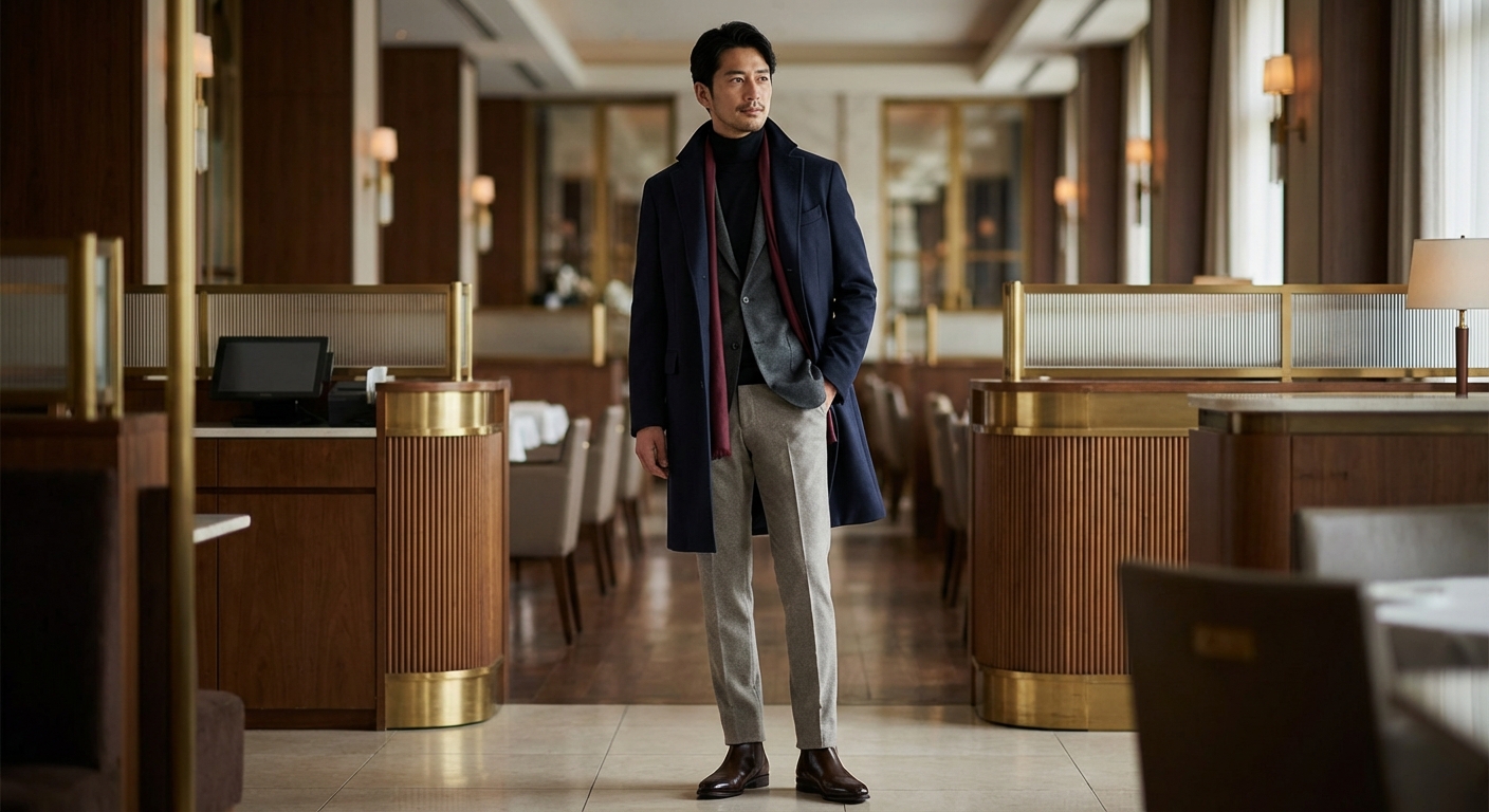 夜のレセプションを彩る、艶めくカシミヤコートの洗練イタリアンスタイル