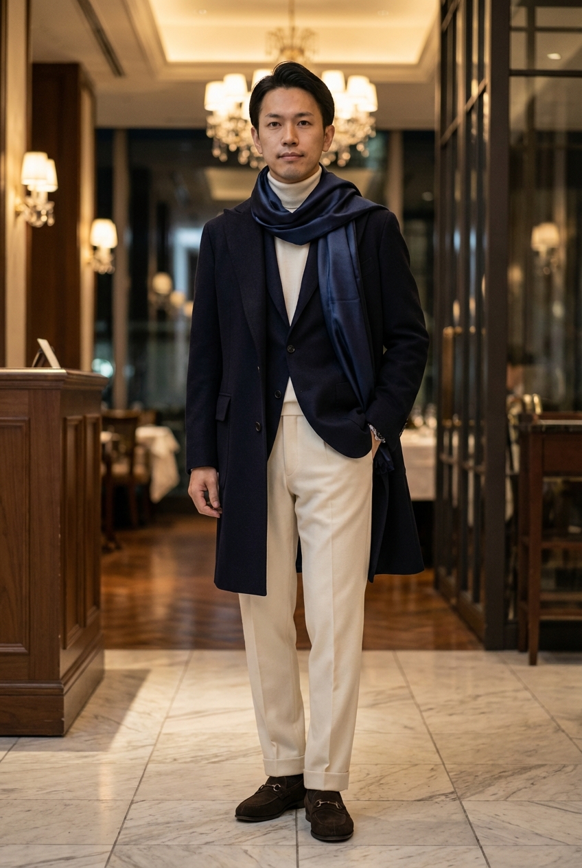 真冬の光に映えるネイビーと白の静謐。都会の週末を彩る最高級のモダン・イタリアン