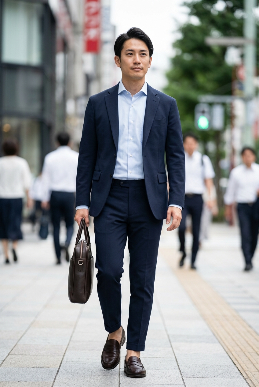 洗練されたネイビーのセットアップで魅せる、都会的で知的なオフィススタイル