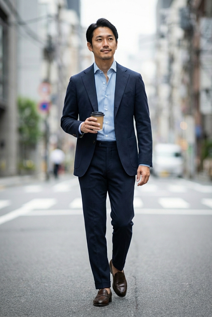 知的なネイビーのセットアップで、信頼感と親しみやすさを両立する洗練されたビジネススタイル