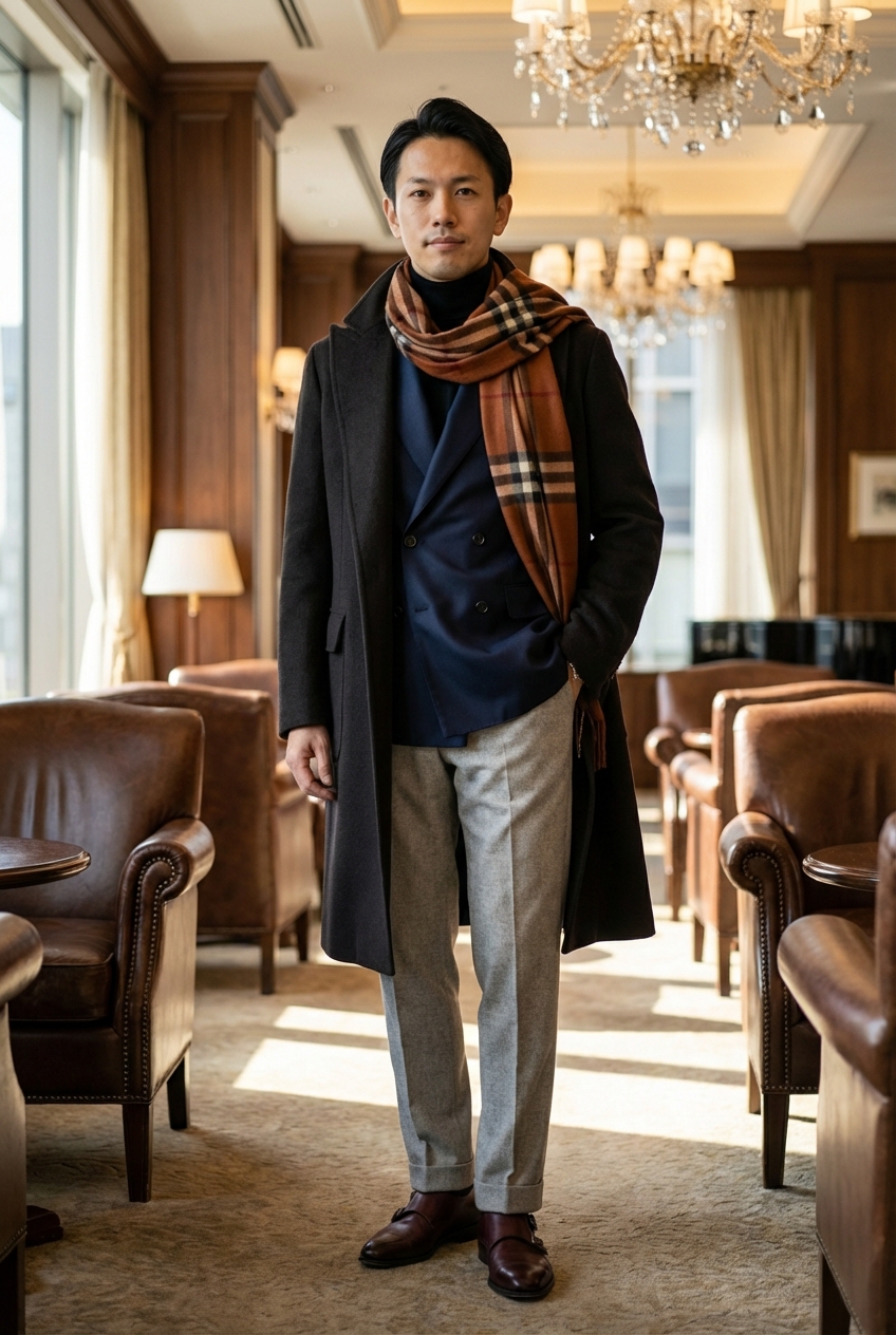 洗練のダブルブレストが描く、美しき曲線と冬の機能美。最上の素材で彩る異国への旅路