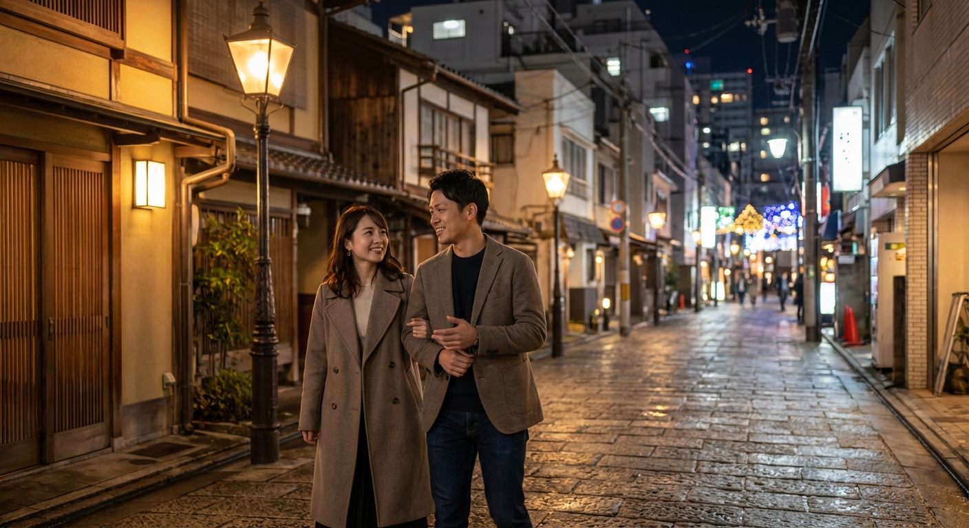 石畳に揺れる灯りと水辺の煌めき。神楽坂を贅沢に巡る夜の散歩デート