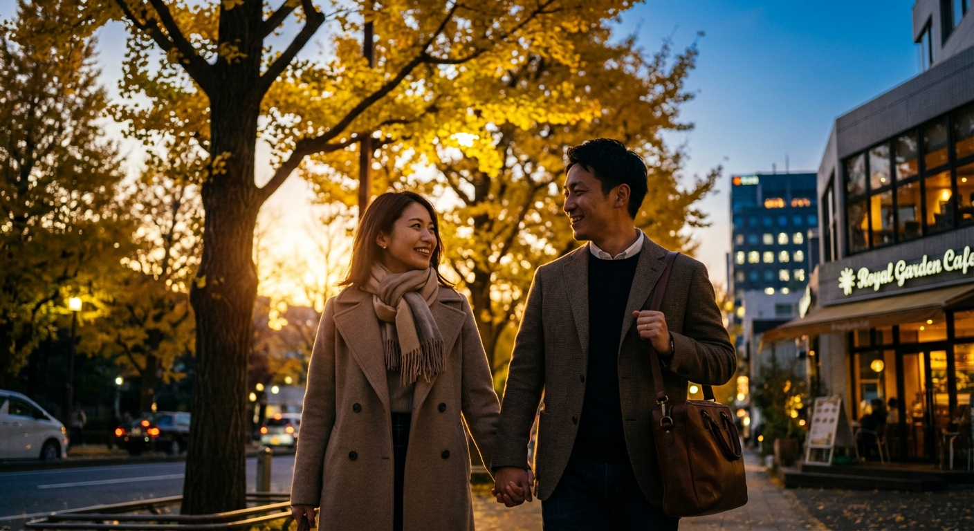 黄金色の並木とトワイライトに染まる青山。大人の記念日を彩る秋の夕暮れデート