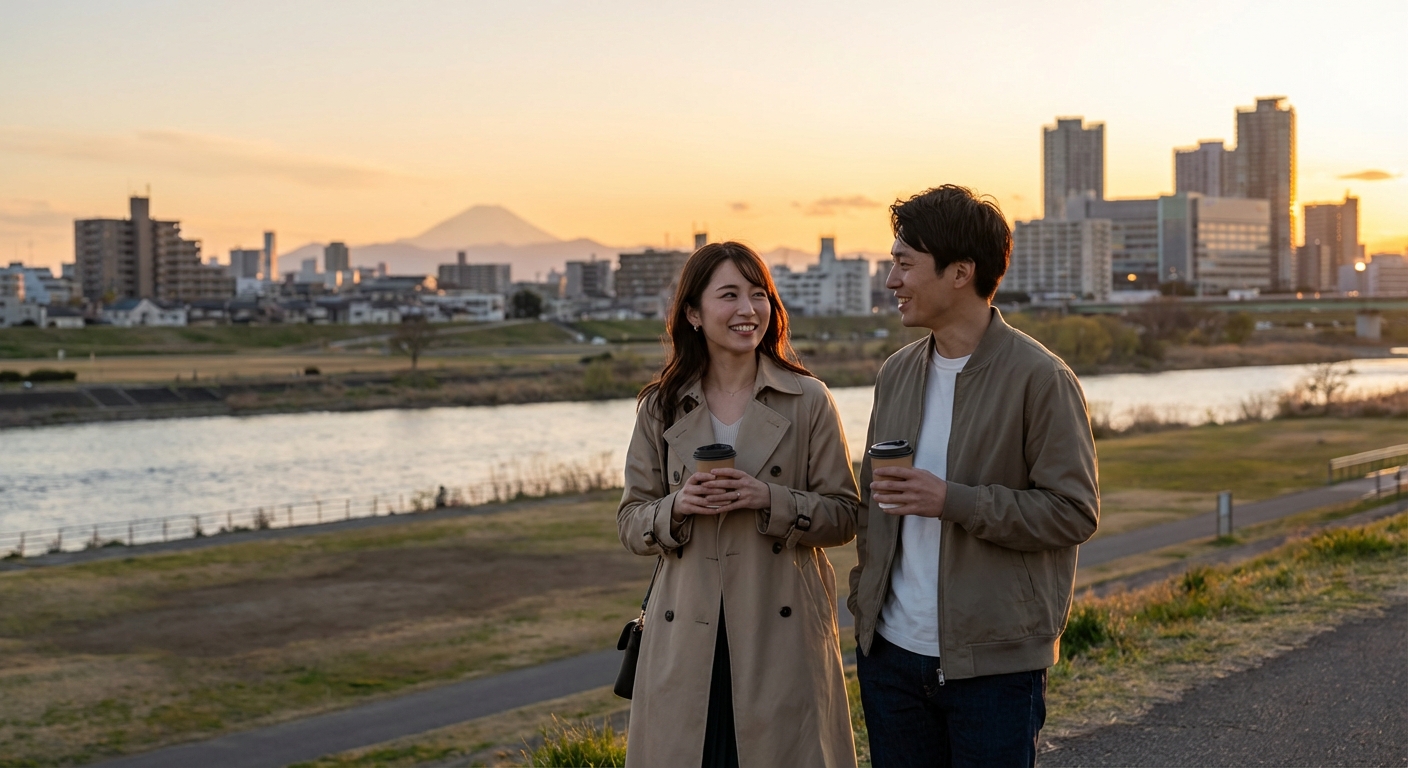 夕暮れのリバーサイドで心を解く、二子玉川の自然派癒やしデート