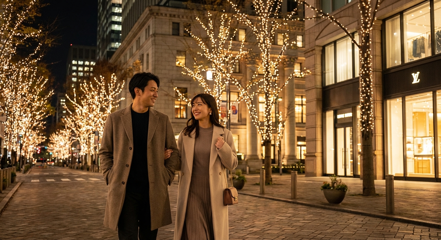 銀座の煌めきに包まれる記念日。光の並木道と美食を巡る贅沢な夜散歩