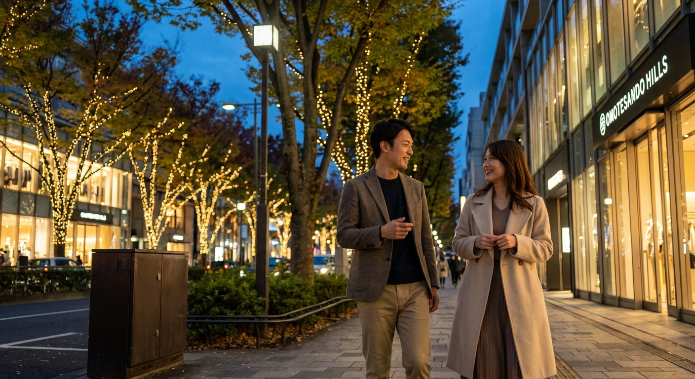 夕暮れの表参道で、会話が弾む開放的な大人のお散歩デート