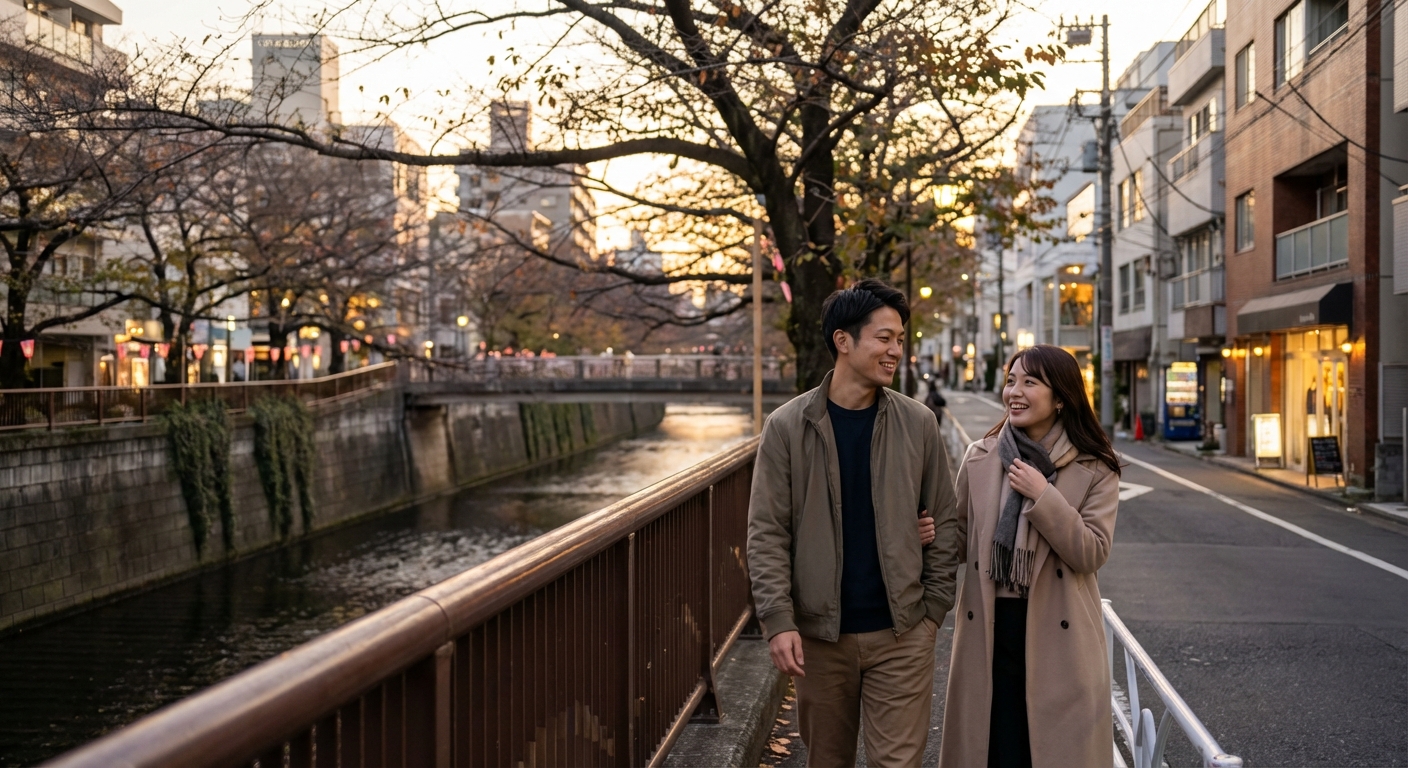 夕暮れに染まる水辺と洗練の代官山を巡る、等身大の中目黒散歩デート