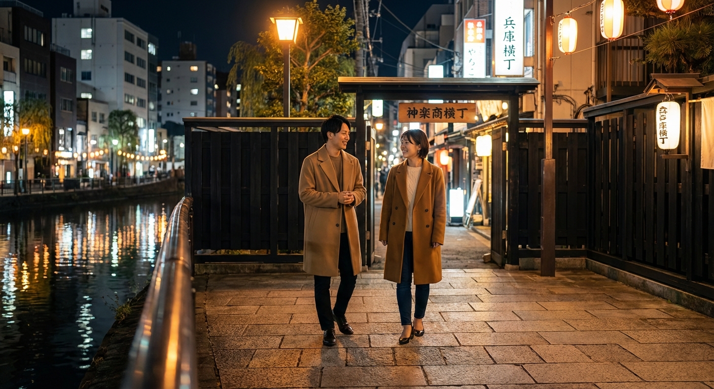 宵闇の神楽坂で綴る記念日。石畳と水辺の光に包まれる贅沢散歩デート