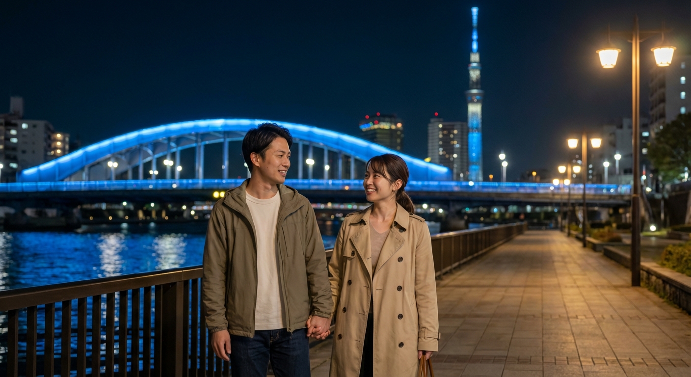 水辺の灯りと下町情緒。清澄白河から門前仲町へ歩く、等身大の夜散歩デート