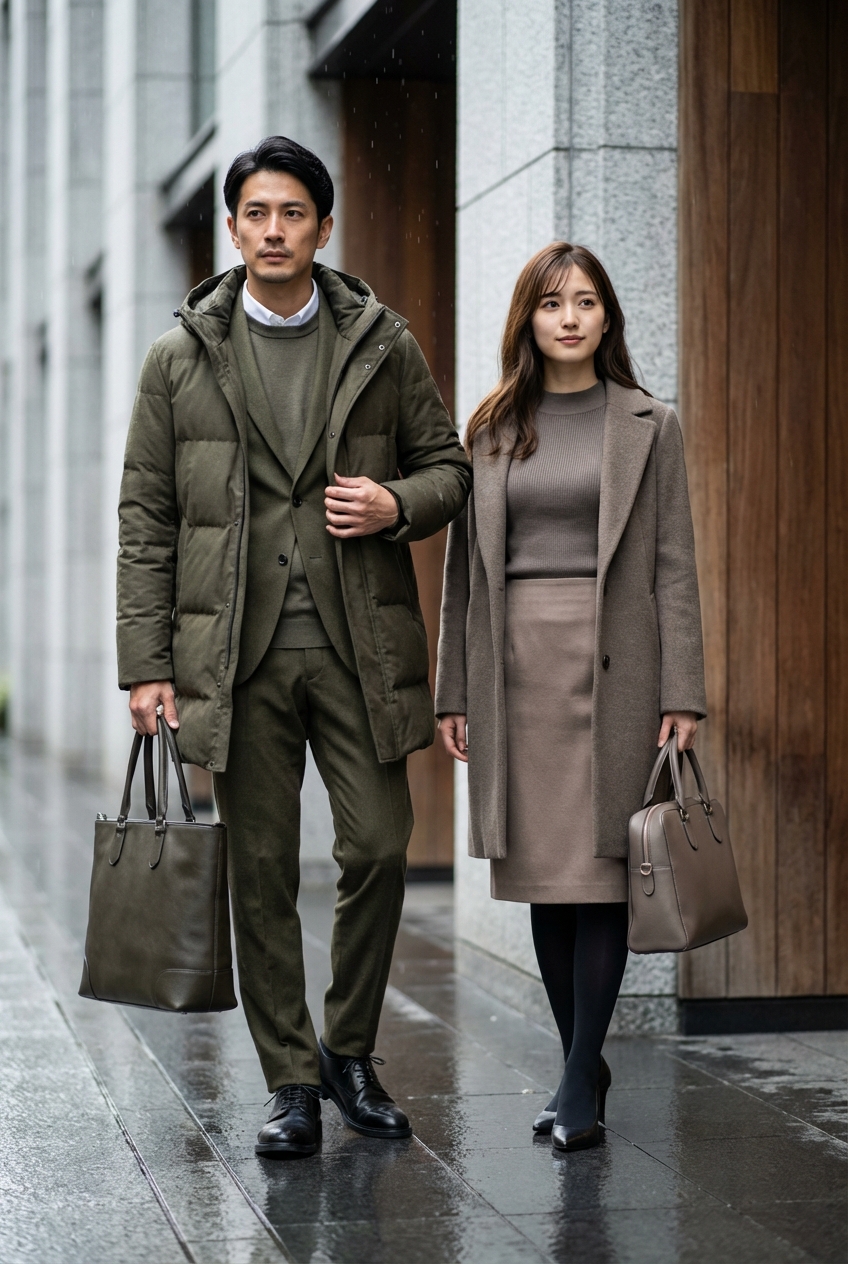 雨の日の通勤を彩るオリーブのセットアップと撥水テーパードスラックス