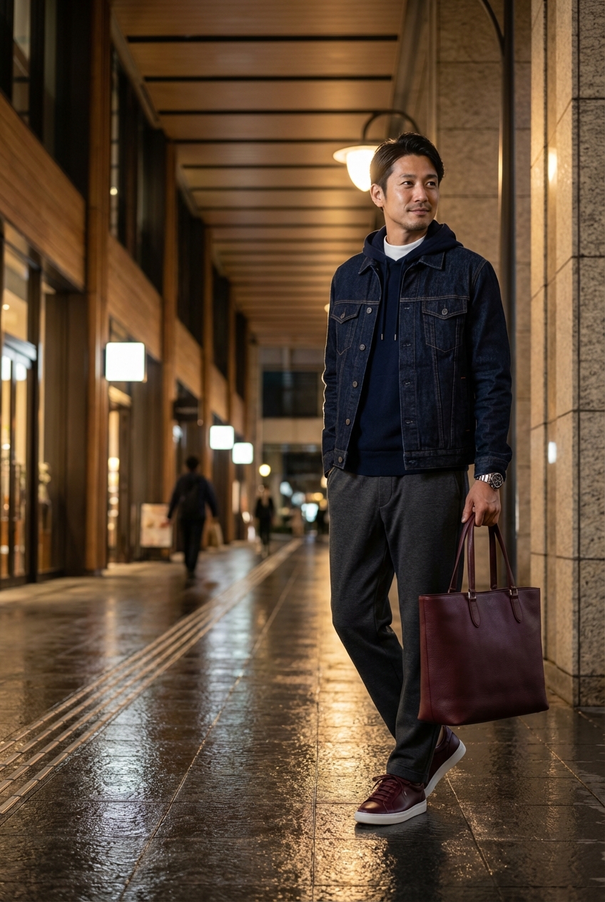 雨上がりの夜、ネイビーの静謐とチャコールのワイドスウェットパンツで綴る都会の散歩路