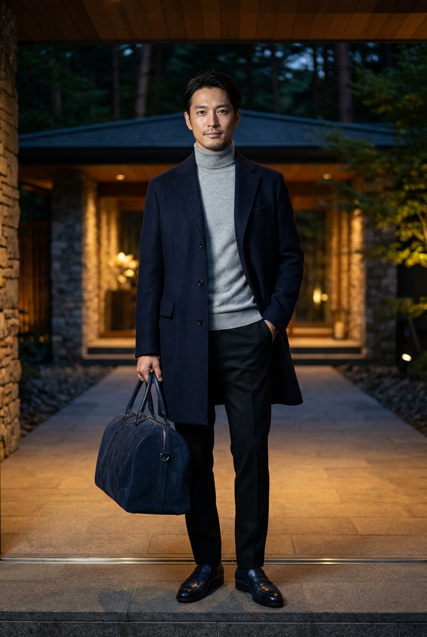 静寂の軽井沢に溶け込むネイビーの深淵、洗練のコントラストが彩る週末の夜