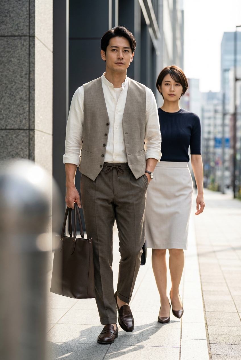 アイボリーのリネンシャツで魅せる、ベージュの洗練ビジネスカジュアル