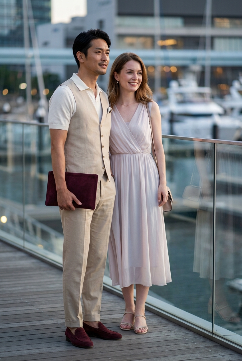 アイボリーの軽量ニットポロとベージュで紡ぐ、真夏のナイトテラスディナー