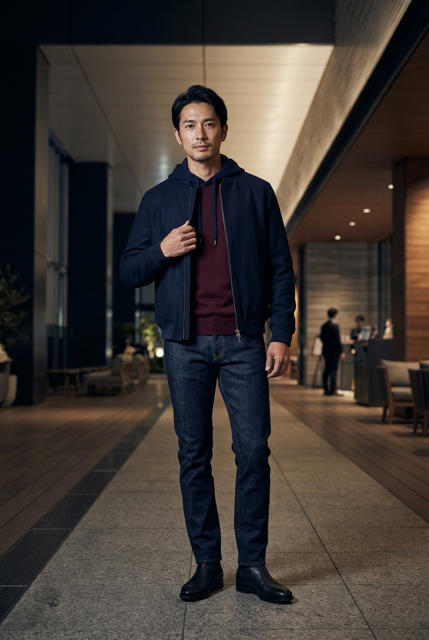 ネイビーの上質ウールライトボンバージャケットで装う、洗練された夜景ラウンジ