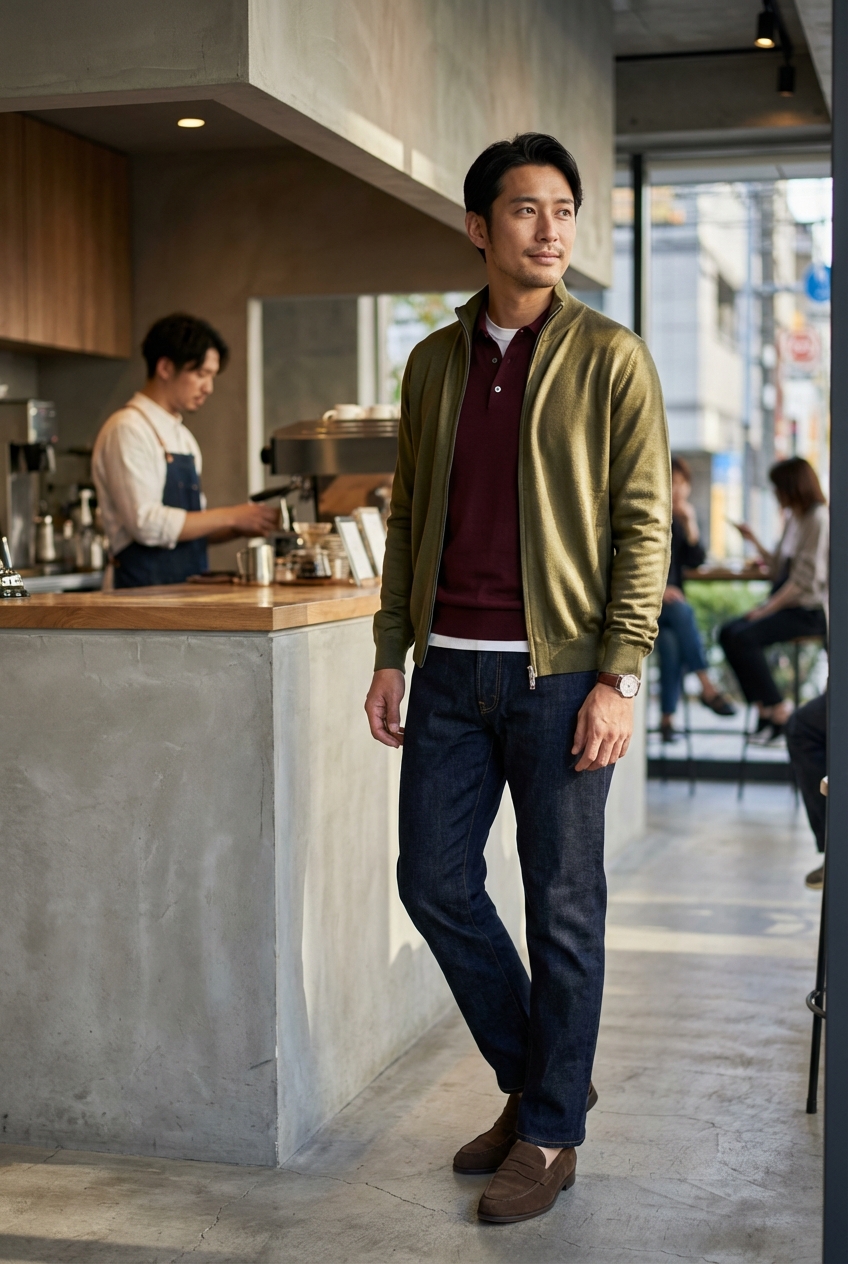 都会的なカフェワークを彩る、オリーブのジップニットと上質デニムの装い