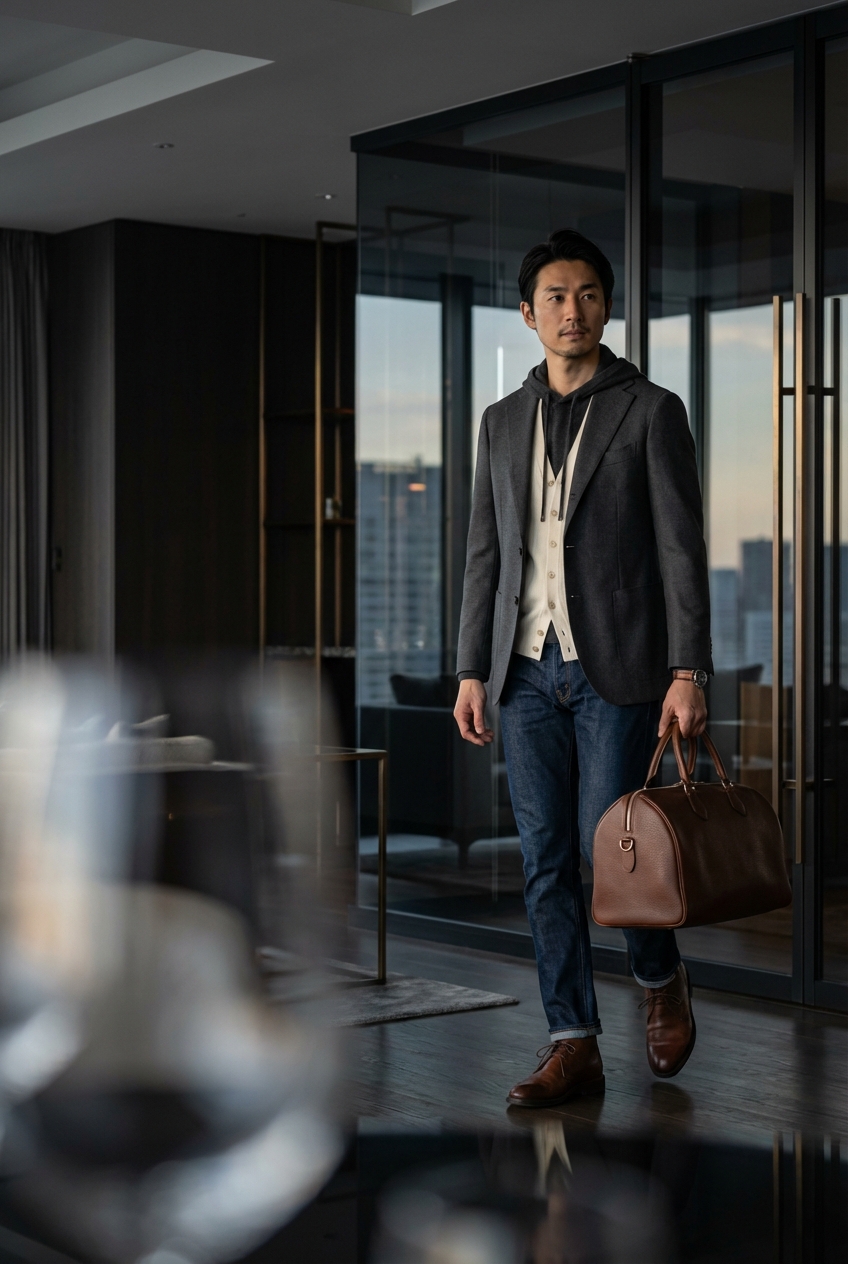 チャコールグレーのスーピマコットンパーカーで寛ぐ都会的な夜景ラウンジ