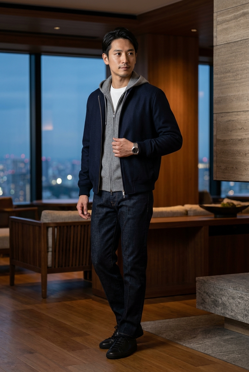 ネイビーのウールボンバーと高貴なデニムで綴る、夜景ラウンジの洗練。