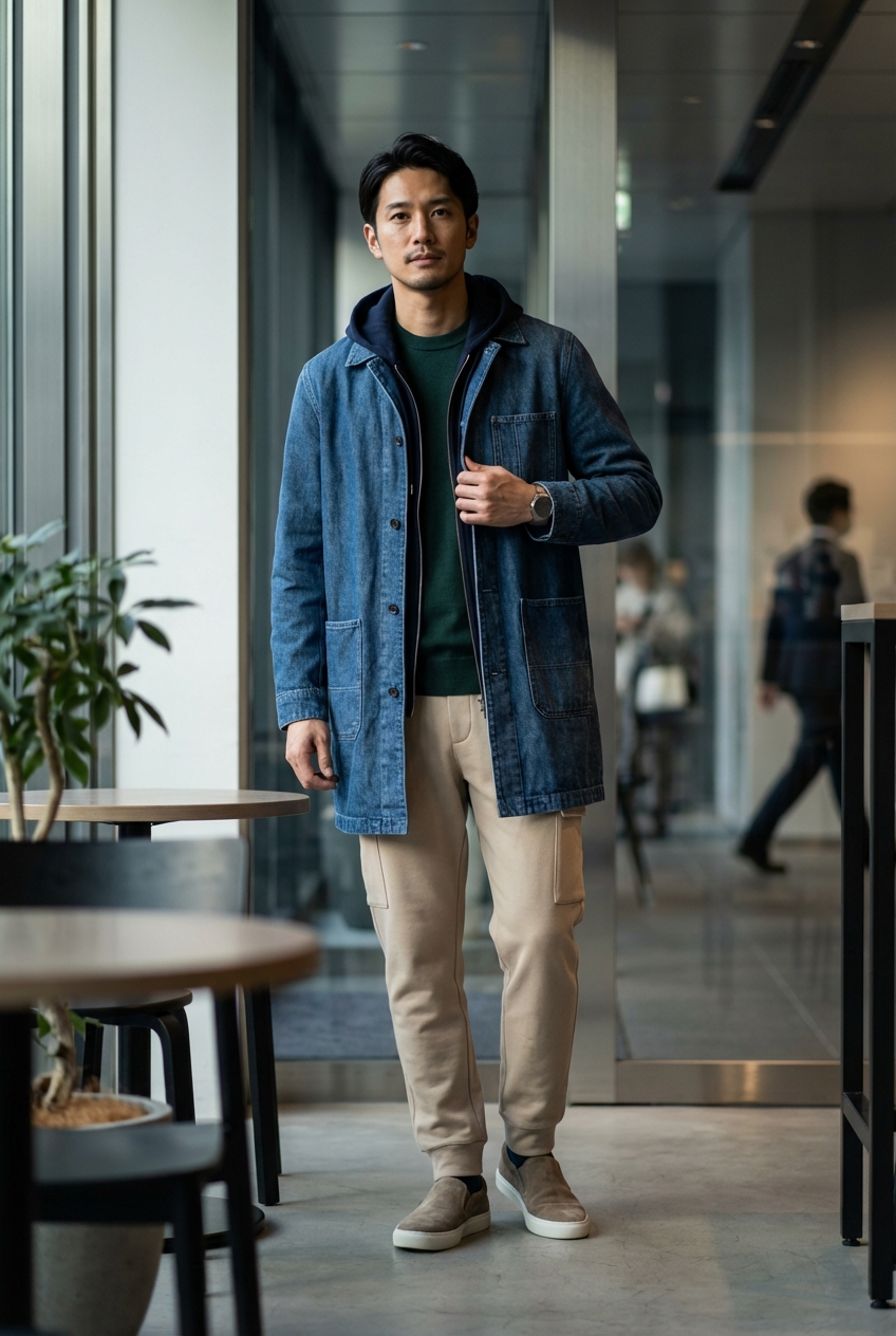 上質コットンのスウェットパンツとベージュが奏でる秋の夜のカフェワーク