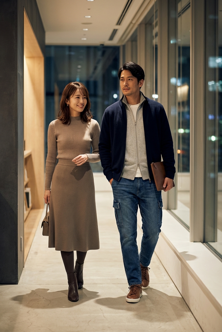 ネイビーのカシミヤジップブルゾンで彩る、冬の夜のカフェワーク