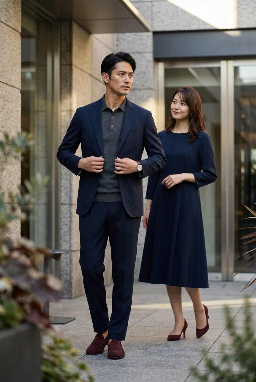 チャコールグレーの鹿の子ニットポロで過ごす、夕暮れのサマーテラス