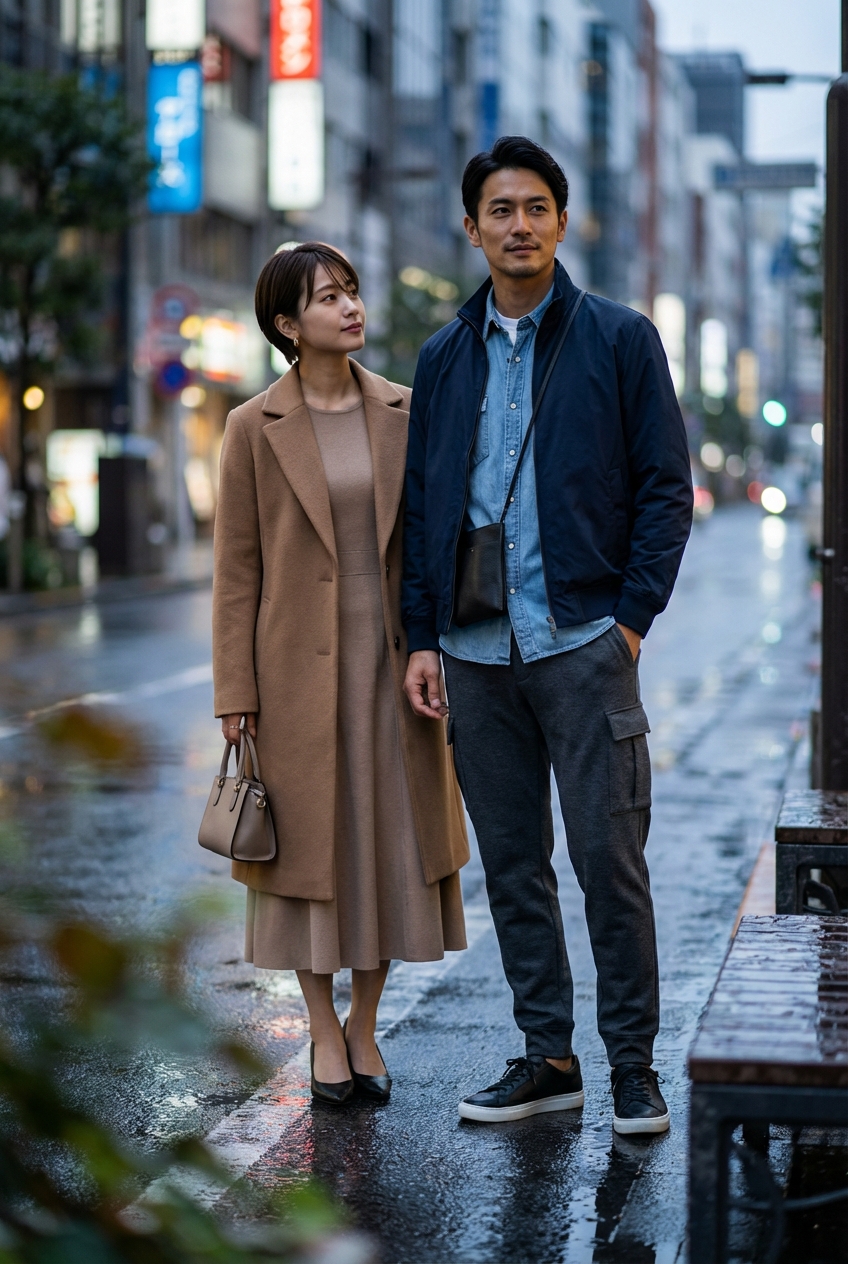 チャコールグレーのスウェットパンツで彩る雨上がりの都会的な夕暮れ散歩