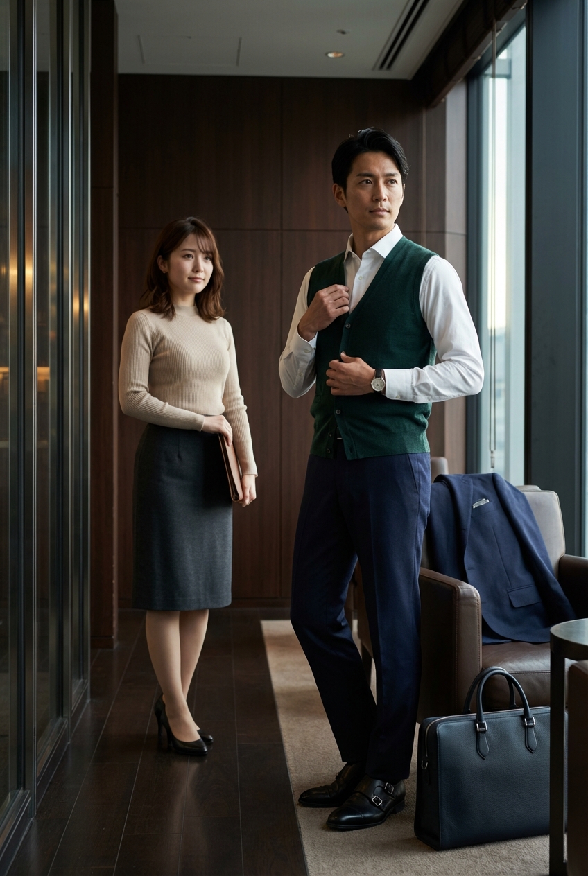 ネイビーのセットアップとブラックカーフのモンクストラップで挑む勝負のプレゼン