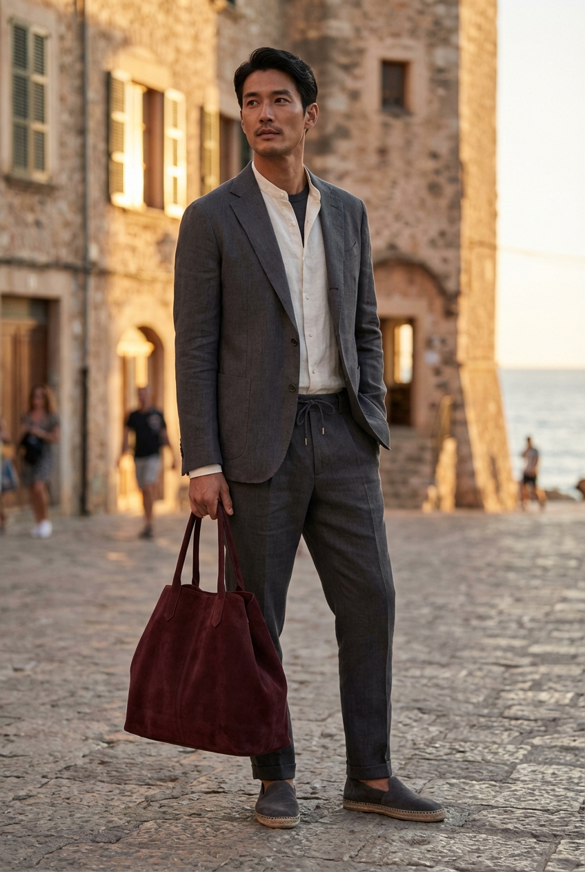 夕暮れのリゾートを彩るチャコールグレーのセットアップとアイボリーのリネンバンドカラーシャツ