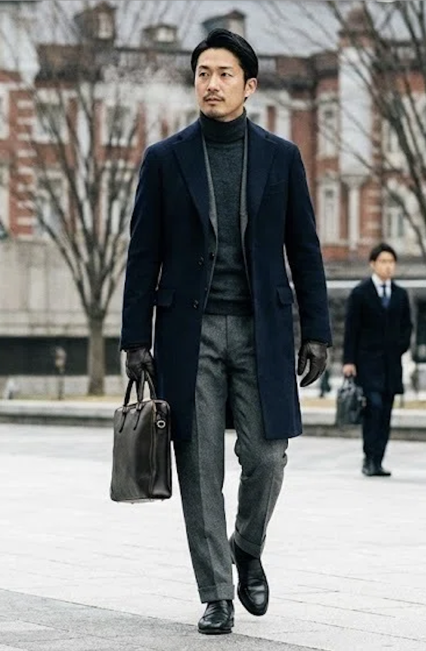 王道にして最強「ネイビージャケット＋タートルネック」