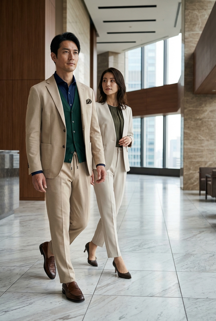 ベージュのジャージーセットアップで挑む、勝負のプレゼンを成功に導く都会的な装い