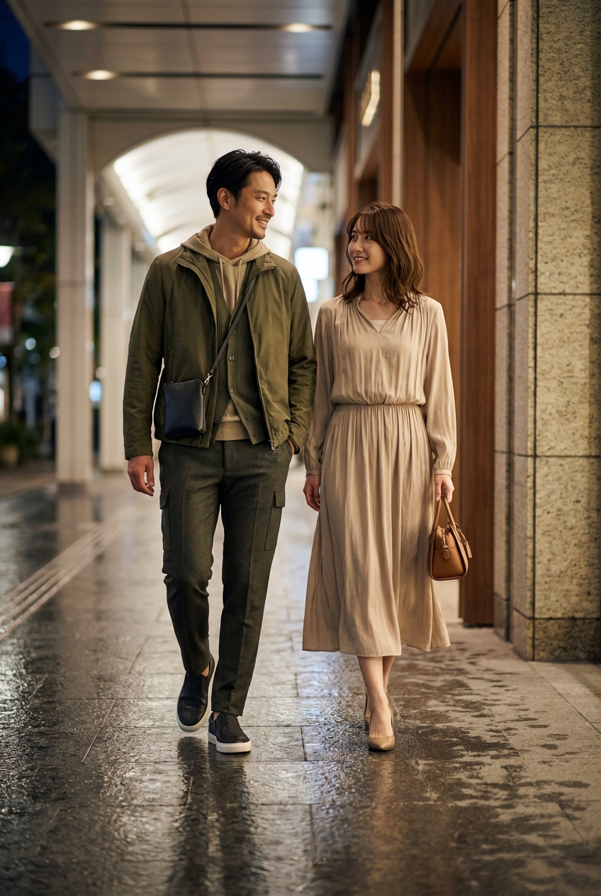 オリーブの軽量ショートブルゾンを纏い雨上がりのシティを散歩する上質スタイル
