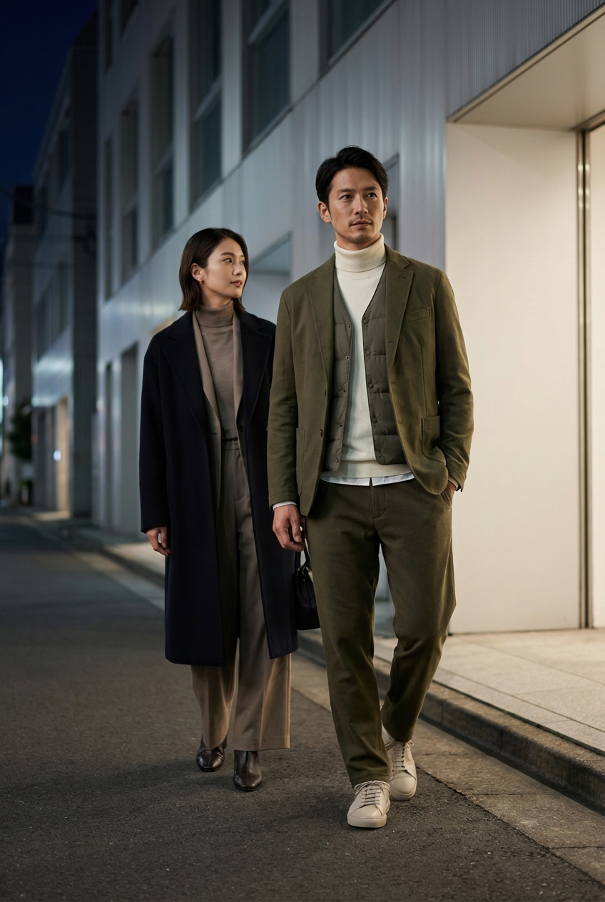 オリーブの中綿ミニマルベストが導く、知的でモダンな冬のビジネスカジュアル