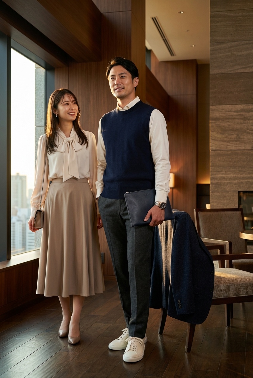 チャコールのフランネルスラックスで紡ぐ、ネイビーが主役の夜景ラウンジスタイル