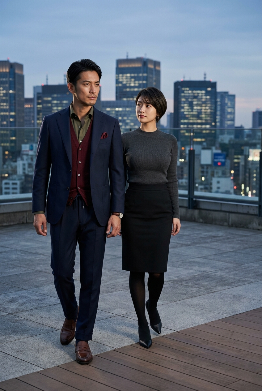 ピークドラペルのネイビースーツとオリーブのシャツで挑む、勝負の夜のプレゼン