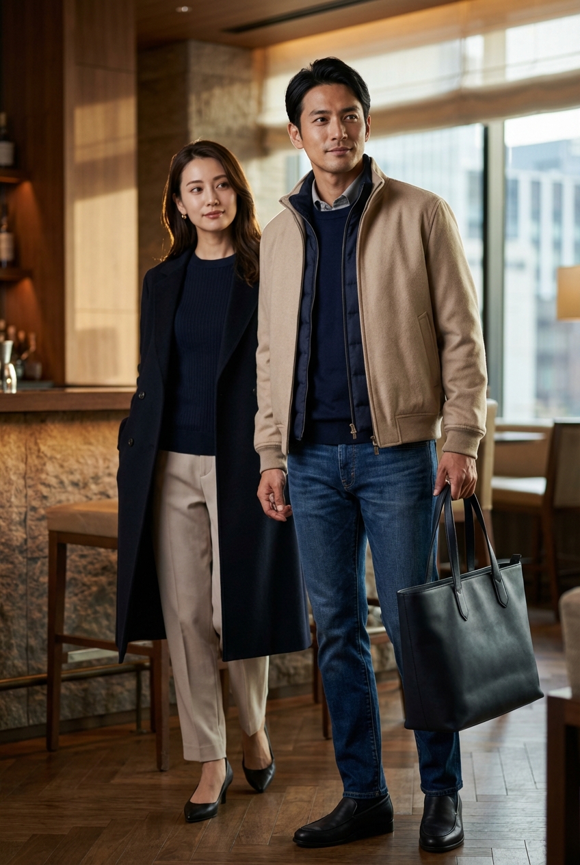 上質ウールのライトボンバージャケットをベージュで纏う、冬のラウンジ休日スタイル