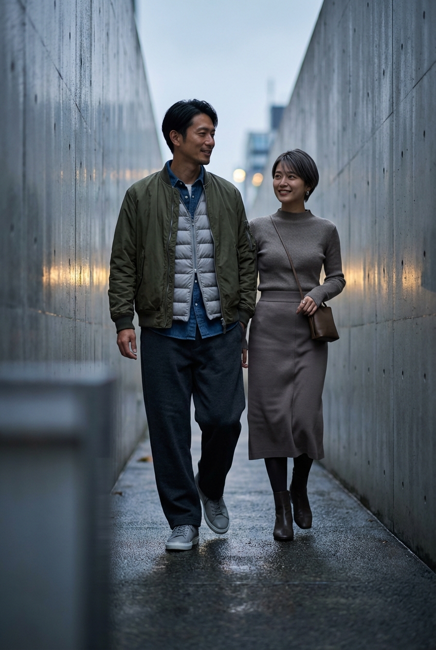 オリーブのブルゾンとチャコールのワイドスウェットパンツで歩く雨上がりの夕暮れ