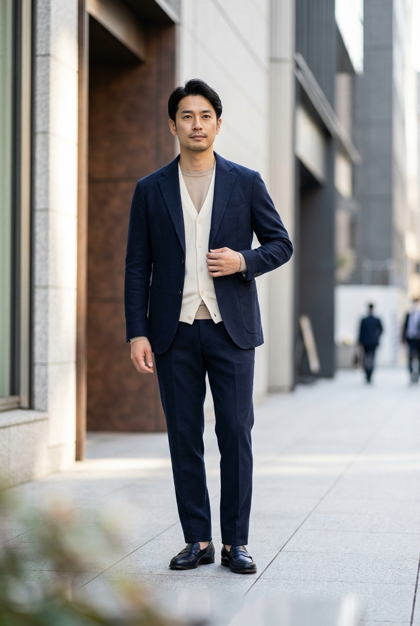 ネイビーのアンコンジャケットとベージュが導く、春の洗練ビジネスカジュアル