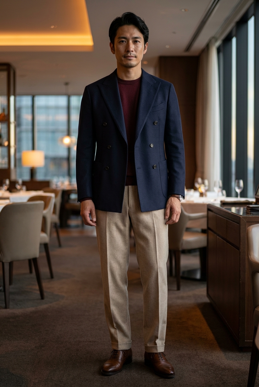 黄昏の会場に溶け込むミッドナイトネイビーとベージュが織りなす静謐な品格